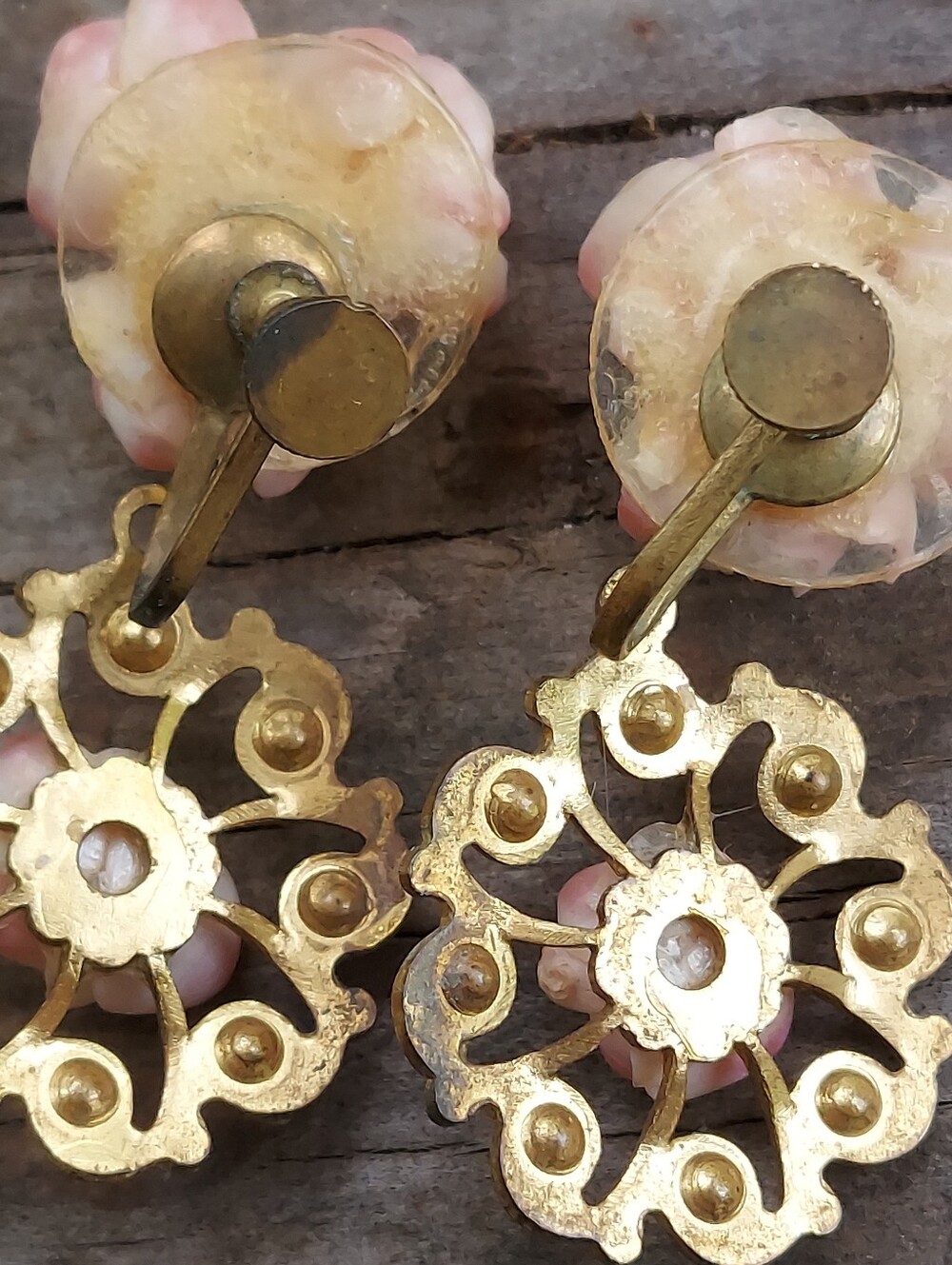 Vintage Pink Rose Cluster Drop Clip Earrings - Gold Tone - Picture 3 of 5